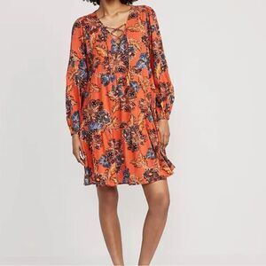 Old Navy Tie-Neck 3 Tiered orange Floral Mini Swing Dress Sz Small w/pockets